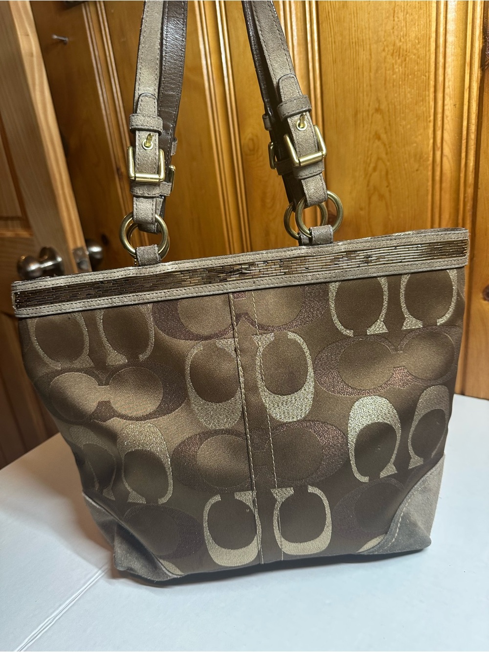 COACH Brown and Gold Signature Canvas Tote - Picture 12 of 13